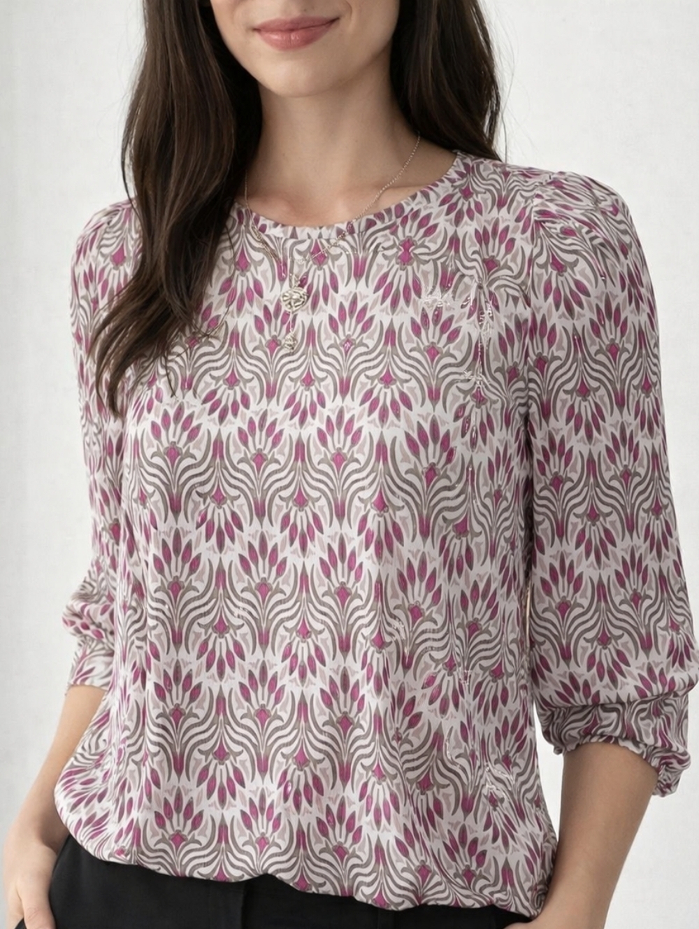 Reitmans Geometric Print Blouse Pink Grey Size M Lightweight Office Work Top